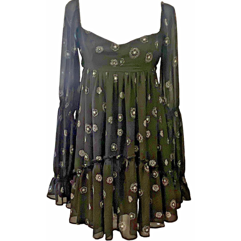 Urban Outfitters Black Floral Sheer Bell Sleeve Tie Back Babydoll Mini Dress XS